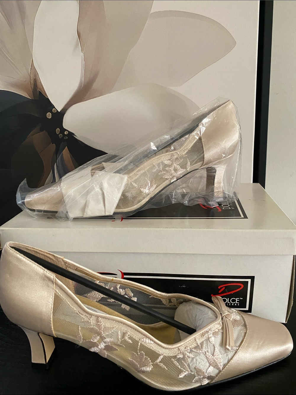 Dolce By Pierre Colette Embroidered Mesh Satin Champagne 2 Inch Heels
